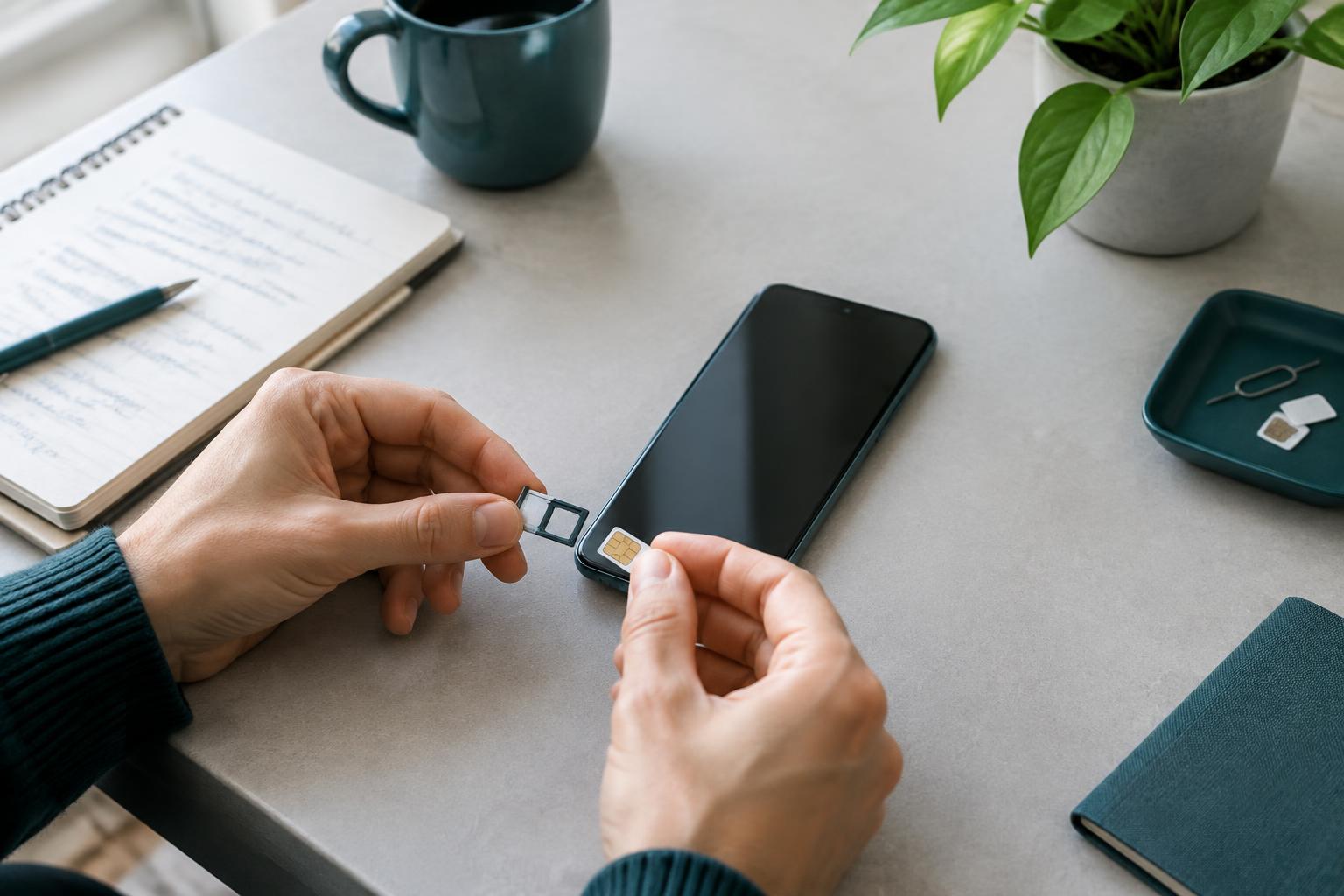 Hands preparing a generic SIM card and phone for a wireless service transfer